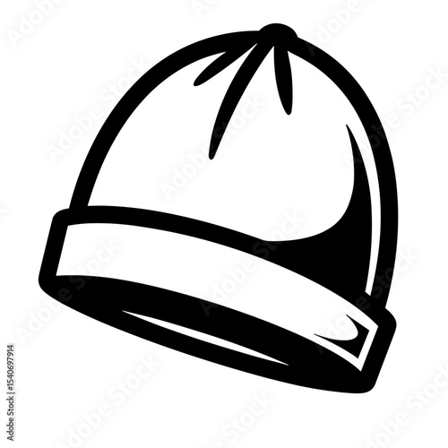 Warm beanie hat with cuffed brim shown in simple side outline. Concept of winter accessory - cold weather fashion - cozy headwear