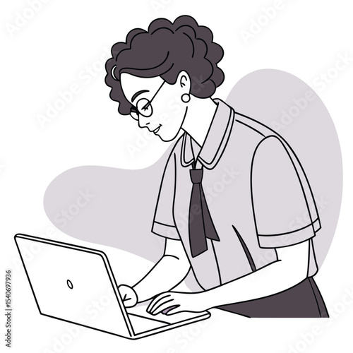 Illustration shows African woman wearing glasses typing on a laptop keyboard with focus