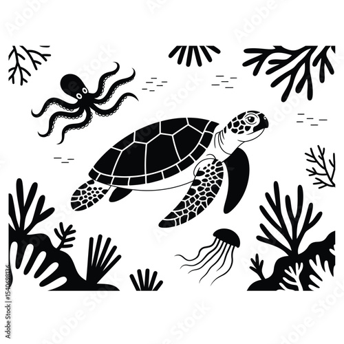  Fish and sea life pack featuring turtle, octopus, jellyfish and coral reef in black and white