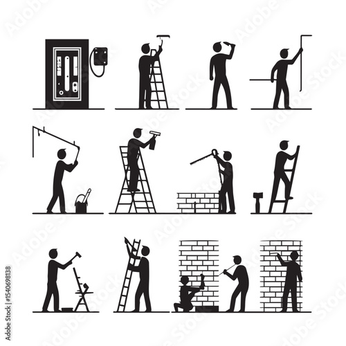 Silhouetted Figures Depicting Various Home Improvement and Construction Tasks in Black and White