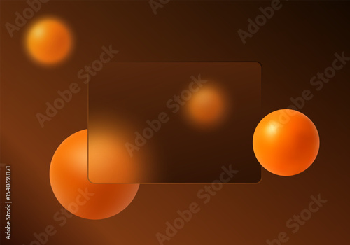 Glass morphism style background with orange spheres on dark brown background