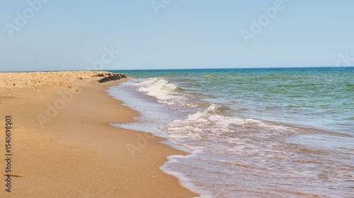 Gentle waves break on a sandy beach under a clear blue sky, extending into the vast horizon of the sea, creating a serene coastal landscape.