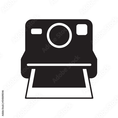 A black and white illustration of a polaroid camera with a picture coming out of the bottom slot