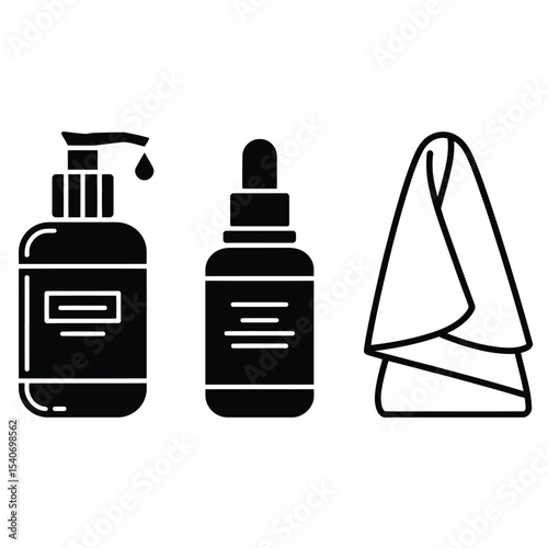 Skincare routine illustration in vector showing cleanser, serum and face towel in black and white