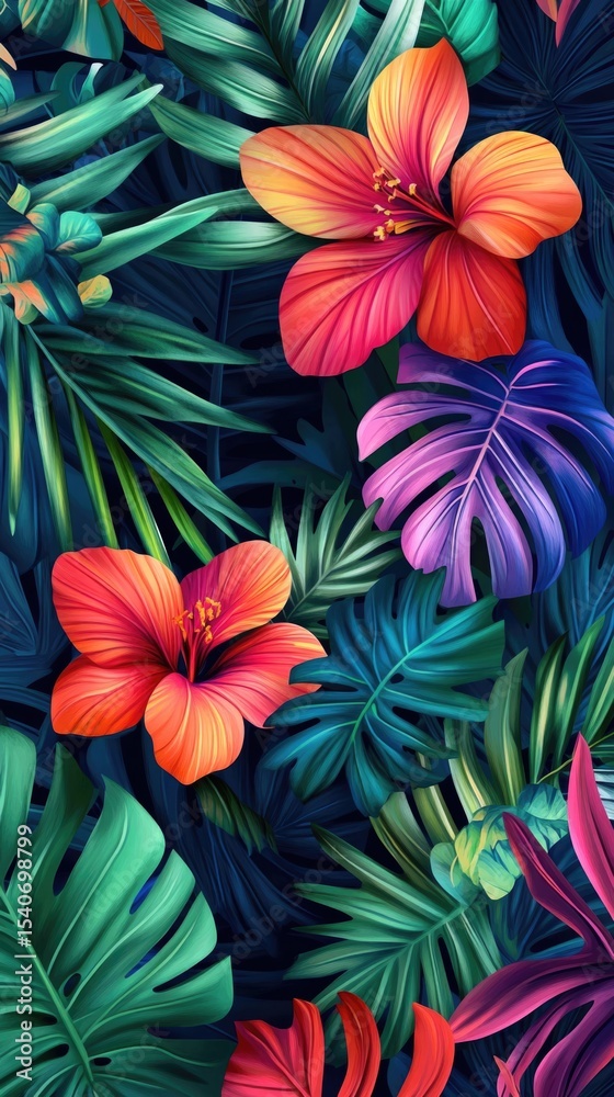 Naklejka premium Flowers and foliage background. Tropical leaves and colorful flowers on dark foliage nature background.