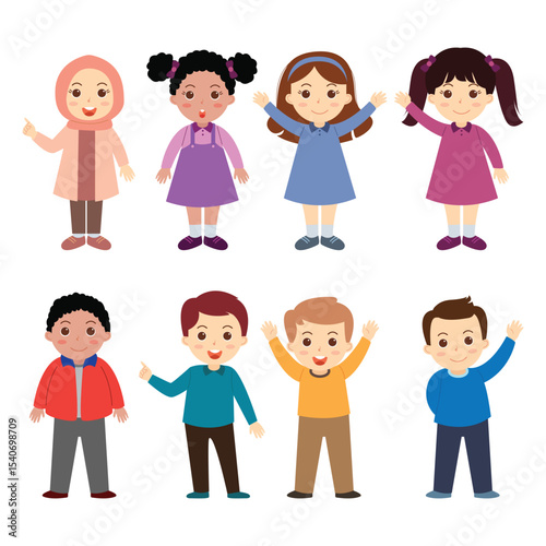 Cute Cartoon Illustration of Diverse Group of Children Characters Set