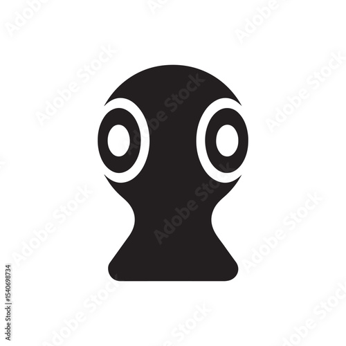 A simple black and white illustration of a stylized alien head with large circular eyes looking forward