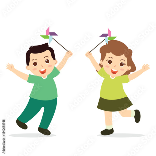 Illustration of Children Playing with Pinwheels