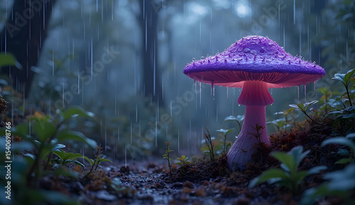 Purple Mushroom in the Rain at Night
