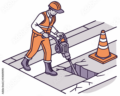 Isometric cartoon of a construction worker engaged in asphalt demolition using an electric jackhammer with road safety equipment in place.