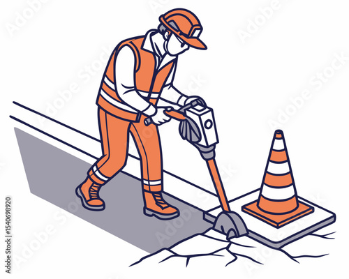 Worker in protective clothing using a jackhammer on asphalt pavement as part of road repair, shown in isometric vector style.