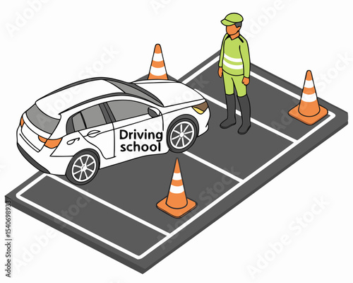 Isometric illustration of a driving school car performing a parking test maneuver with an instructor monitoring on a closed practice course.