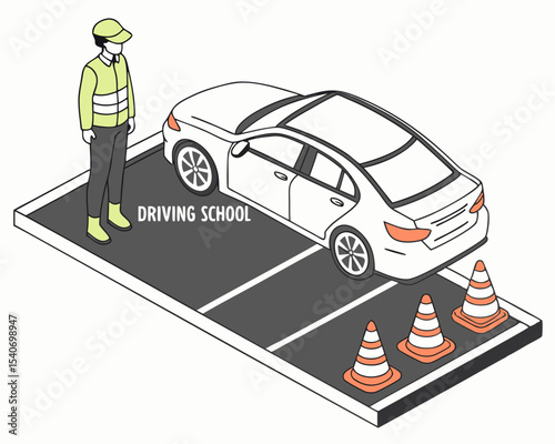 Driving test scene in isometric style showing a student vehicle executing a parking maneuver under the supervision of an instructor on a practice track.