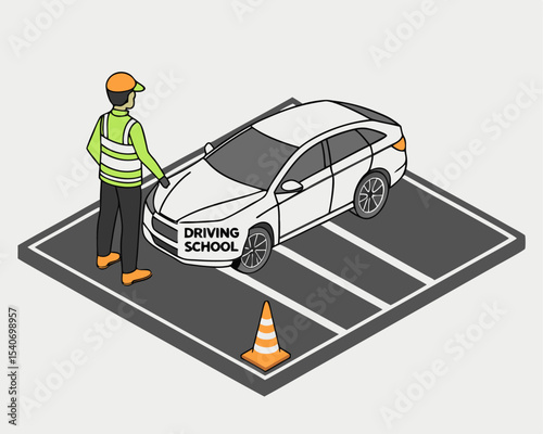 Supervised driving school test shown in isometric view with a car practicing parking techniques on a marked training ground.