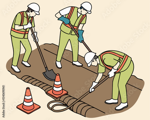 Construction and maintenance team performing underground wiring tasks for electric and fiber optic systems, isometric isolated illustration.