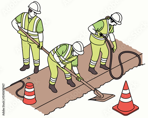 Engineering inspection and technical workforce handling underground electrical and fiber optic cable setup and servicing, in isometric vector style.