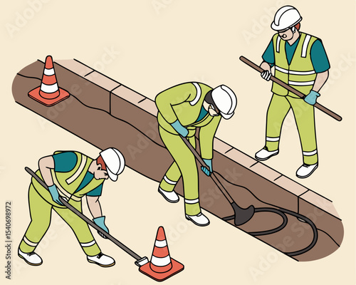 Technicians and engineers working on underground utility wiring, including electric and fiber optic cables, in an isometric isolated vector scene.