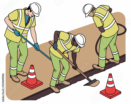 Isometric illustration of underground electric and fiber optic cable wiring construction, featuring engineering inspection and technicians performing maintenance.