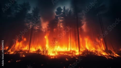 Close-Up of Forest Fire with Burning Trees and Flames