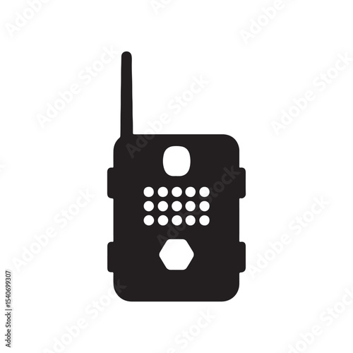 Illustration of a black walkie talkie with an antenna and several circular and hexagonal shapes