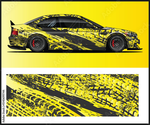 Sport Car Wrap Design with Yellow and Black Tire Tracks
