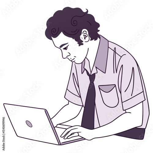 Young businessman with short dark hair concentrates while typing on his laptop