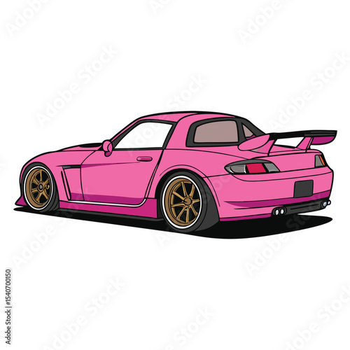 A sleek pink sports car showcases its rear spoiler and bronze rims beautifully