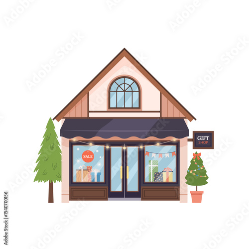 Charming gift shop building with gifts in display windows, Christmas lights, and festive trees. Flat vector illustration isolated on white, ideal for seasonal retail and celebration themes.