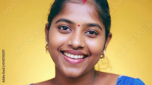 Close-up view of a smiling Indian woman on a yellow background. Her vibrant smile brings energy and joy to the scene, beautifully contrasting with the yellow.