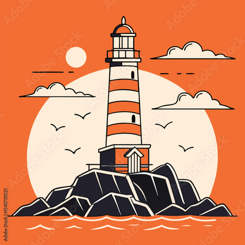 A stylized lighthouse stands tall on rocky land, with birds flying under the sun