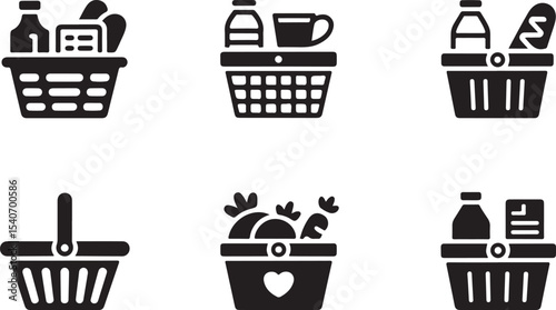 Six Black and White Shopping Basket Icons monochrome