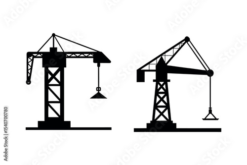 Classic Harbor Cranes Vintage Black and White Illustration of Two Industrial Cranes - Perfect for Construction, Maritime, and Industrial Designs