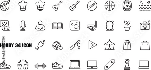 Thirty Four Black Line Art Hobby Icons Set white