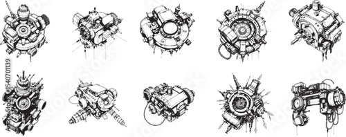Mechanism set, retro, vintage, steampunk, cyberpunk, decorative elements. Ideal design for social media, cover, banner, flyer, music, ads.	