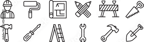 Twelve Black and White Line Art Construction Icons