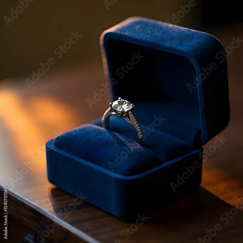 Close-up of a diamond ring on a velvet box with soft lighting and shallow depth of field, luxurious and clean