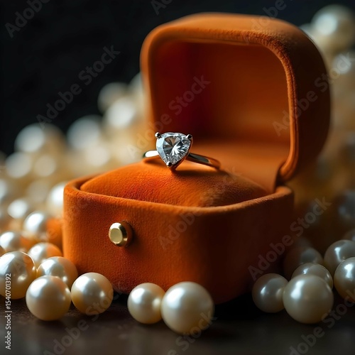Close-up of a diamond ring on a velvet box with soft lighting and shallow depth of field, luxurious and clean