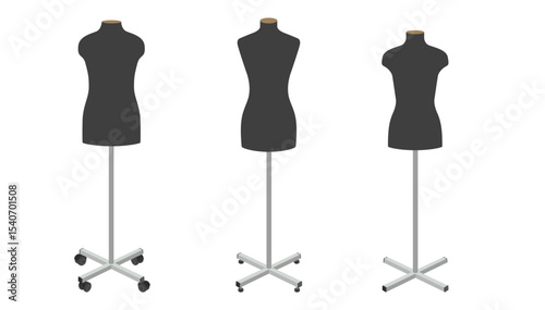 Vector illustration of three black tailor dress forms on metal bases with wheels. Front view. Isolated on white background. Horizontal orientation. Ideal for sewing, fashion, or retail design.