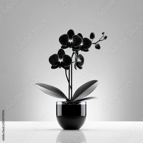 Black orchid in a glass pot, minimalist still life