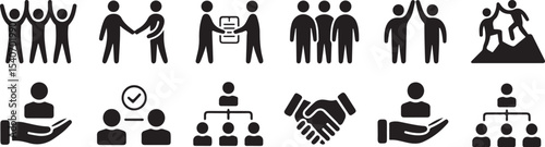 Twelve Black Silhouettes Illustrating Business Teamwork Concepts