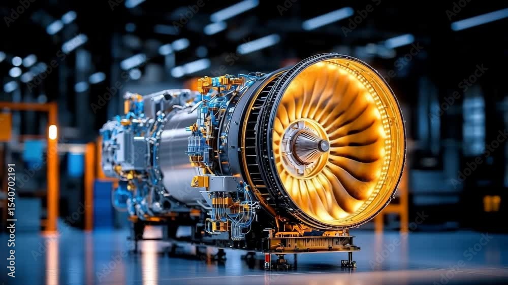 High tech jet engine with illuminated turbine blades, metallic components, and intricate wiring modern industrial setting, showcasing advanced engineering, innovation, and precision technology