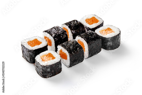 Delicious salmon hosomaki sushi rolls with nori seaweed on white background