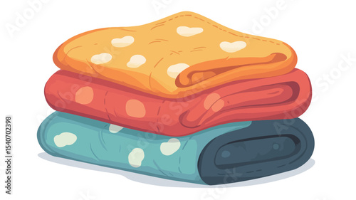 A digital illustration depicting a stack of three pieces of folded fabric.  The top piece is orange with white polka dots, the middle is red with white polka dots, and the bottom is teal with white