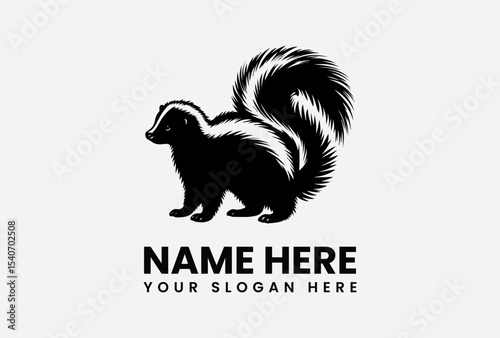 A stylized black and white skunk illustration with text placeholder for branding.