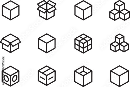 Twelve Minimalist Black Line Art Cube Icons Set vector