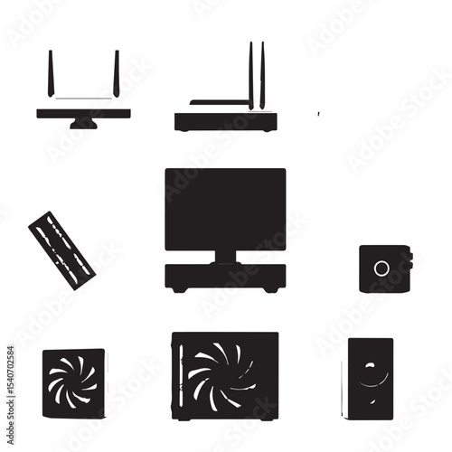 Black Silhouettes of Computer Components and Peripherals on a White Background Minimalist Style collection