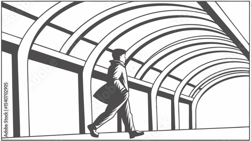 People, including businesspeople and a woman, are walking through a dark subway tunnel, silhouetted by the light from a distant doorway, creating an abstract concept of movement