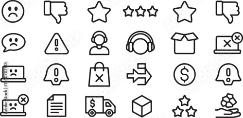 Twenty Black and White Line Art Icons Set Customer Service Feedback Shopping