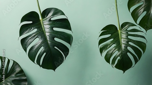 Lush, vibrant monstera leaves against a soft green backdrop.