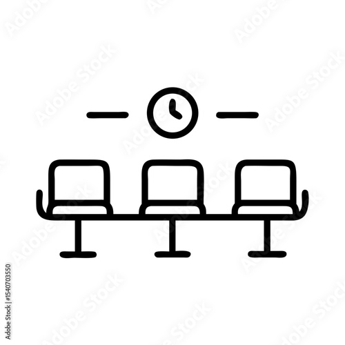Waiting area chairs icon design. Three chairs and clock symbolize patient waiting. Simple line art waiting area chairs icon perfect for websites and apps.